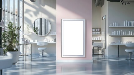 Modern salon interior with blank poster on a pink wall and sunbeams.