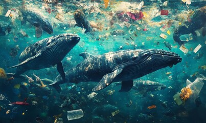 Fototapeta premium A pod of whales swims through a sea of plastic trash