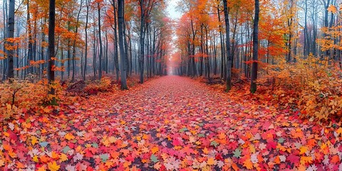 A stunning autumn scene featuring a vibrant pathway lined with trees adorned in brilliant orange and red leaves, creating a picturesque fall atmosphere.