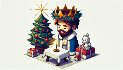 Illustration against light background with space for text, pixel art style 