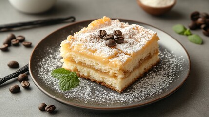 Delicious coffee cake slice on dark plate, powdered sugar, coffee beans, vanilla.