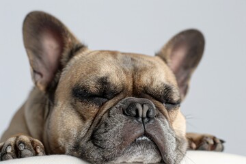 A brown dog is lying on the top of a white couch, offering a relaxed atmosphere