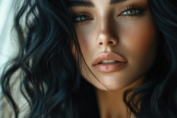 A close-up shot of a woman with long, dark hair, looking straight into the camera