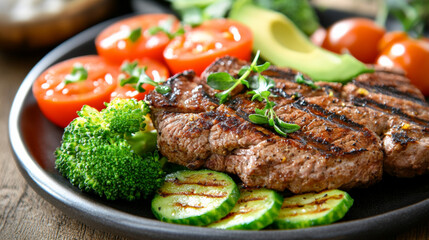A well-balanced dish, including a portion of grilled meat, fresh vegetables such as broccoli and tomatoes, and sliced avocado.