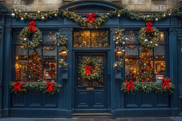 Storefront decorated for Christmas season with wreaths and lights