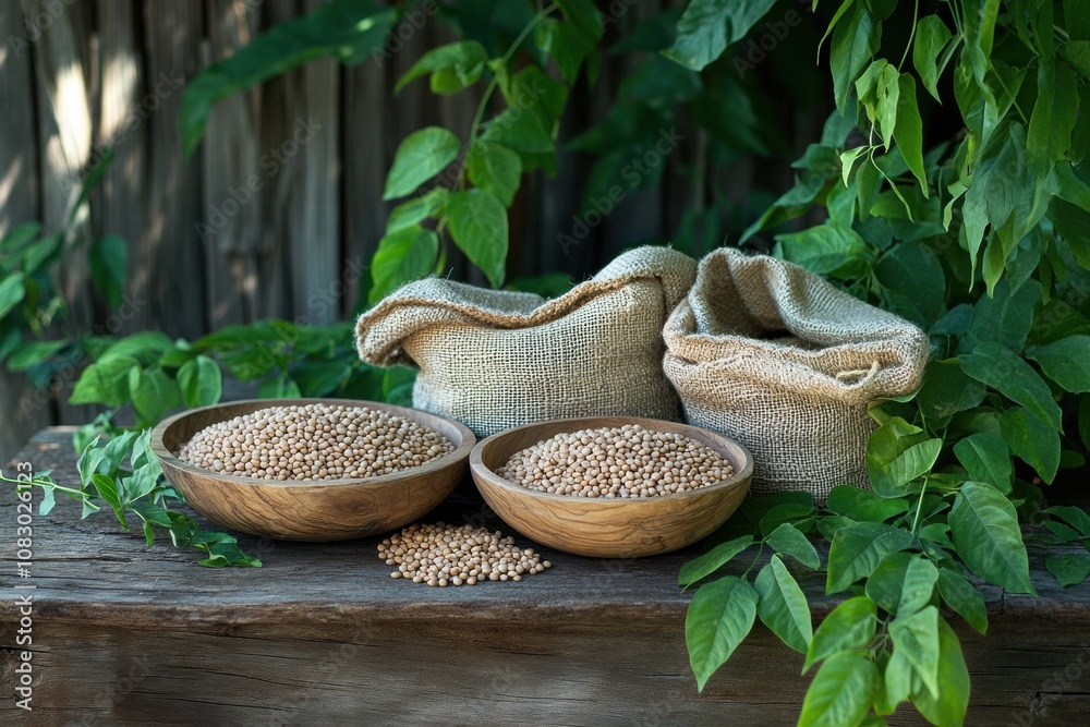 Aufkleber bowls and sacks are filled with lentils, beans, and chickpeas displayed on a rustic wooden table sur
