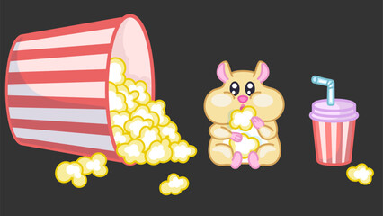 Hamster watching movie and eating popcorn. Isolated on background, separate objects. Cute little animal impressed or scared by horror, blockbuster, comedy. Kawaii cutie eating snack. For advertising c