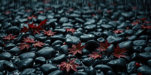 Fototapeta premium A symphony of nature, where crimson maple leaves gracefully descend upon a bed of smooth, dark river stones, as gentle rain falls from above.