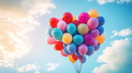 Lots of colorful heart-shaped balloons in the clear blue sky