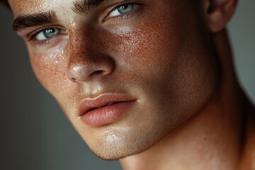 Fototapeta premium Close-up portrait of a person with distinctive freckles on their face, great for use in personal or professional projects where individuality is key