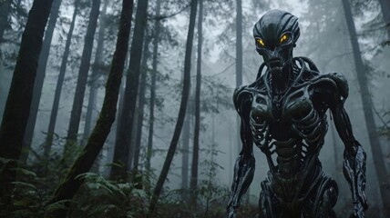 Fototapeta premium Alien in the foggy forest.