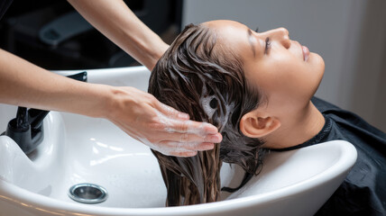 Fototapeta premium A woman is getting her hair washed in a sink. The woman is being washed by a stylist