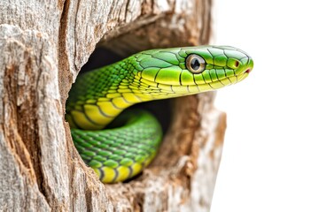 Fototapeta premium A green snake emerges from a hole in a tree trunk