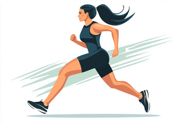 Fototapeta premium A woman runs energetically in athletic wear against a minimalist background, showcasing her determination and fitness during a sunny day