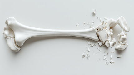 Broken bone showing severe fracture on white background