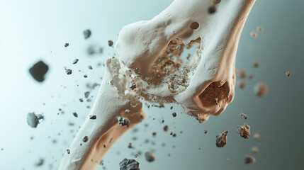 Bone breaking and shattering into small pieces on teal background