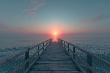 Obraz premium A person stands alone on a pier during sunset, overlooking the calm waters