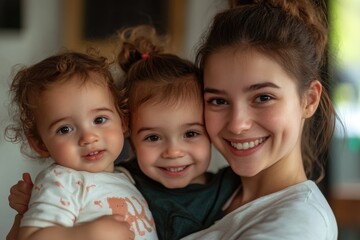 A happy mother with her baby, smiling at the camera