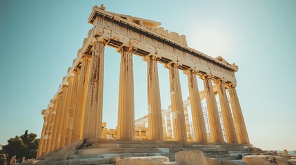 Obraz premium The Parthenon, a historic temple in Athens, Greece, stands tall with its iconic columns against a clear blue sky.