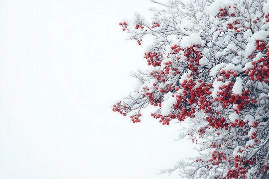 fFrame of red berries, green branches, and snowy leaves on a white background, top-down view. Perfect for winter, Christmas, and New Year designs, minimalism and natural style, AI generated