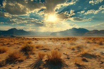 western frontier, in the wild west desert, tumbleweeds roll under the blazing sun, framed by dusty terrain and distant jagged mountains