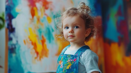 A little girl with curly blonde hair stands in front of a canvas, her eyes bright with curiosity. She is wearing a blue overall and has paint splattered on her clothes.