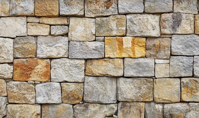 Obraz premium A close-up view of a stone wall with rectangular and square stone bricks in various shades of beige, brown, and grey
