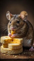 Fototapeta premium Verschmitzte Maus zwischen Käsestücken