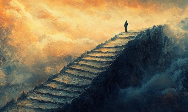 A journey of a thousand miles begins with a single step Show a person taking the first step on a long, challenging path