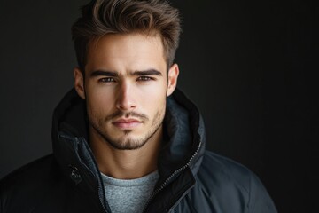 Fototapeta premium A person wearing a black jacket looks directly at the camera, with a serious expression