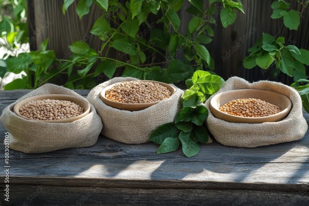 Aufkleber bowls and sacks filled with various lentils, beans, and chickpeas are arranged on a rustic wooden ta