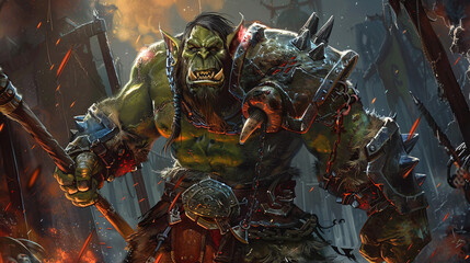 A Fierce Orc Warrior Stands Ready for Battle in a War-Torn Landscape, Showcasing Strength and Determination Amidst Chaos During a Dark Fantasy Setting