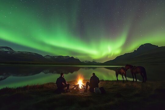 Cowboys camping under stunning northern lights by a serene lake