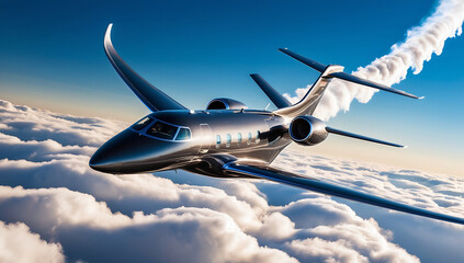 Obraz premium A private jet soaring above the clouds, leaving a trail of white smoke against a clear blue sky, symbolizing luxury travel, exclusivity, and financial freedom.