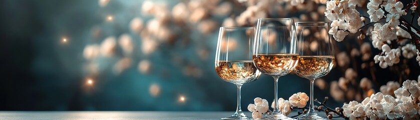 Celebratory toast with wine glasses elegant setting still life photography soft lighting romantic atmosphere