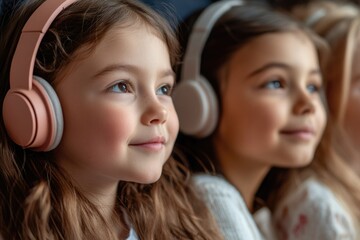 Two young girls sitting together with headphones on, enjoying their favorite tunes