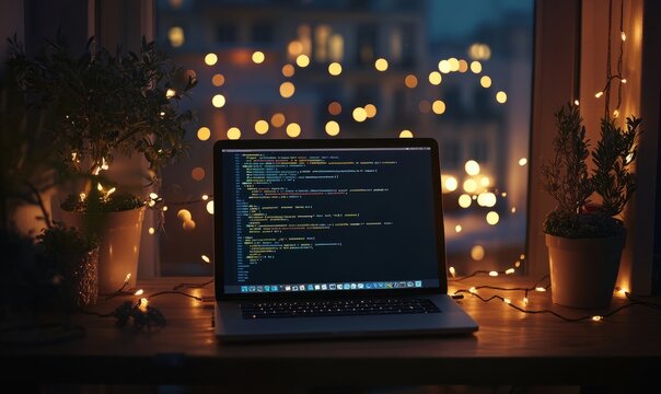 A laptop displaying code on its screen sits on a desk in a dimly lit environment with bokeh lights in the background. A small potted plant is also on the desk.