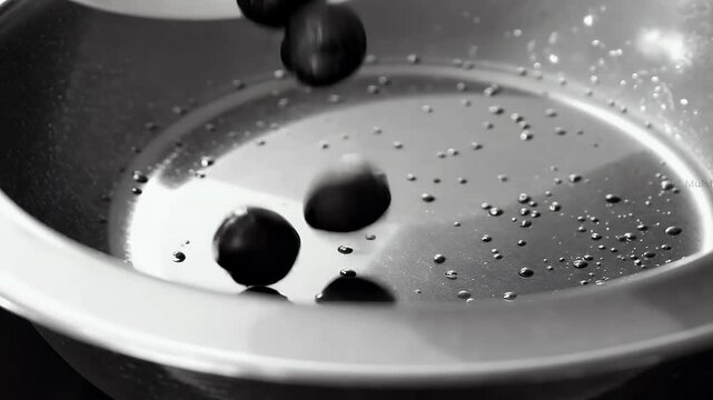 motion close up black white mulberries being filmed exquisite detail steel bowl beautifully textured fruit captured 4K resolution
