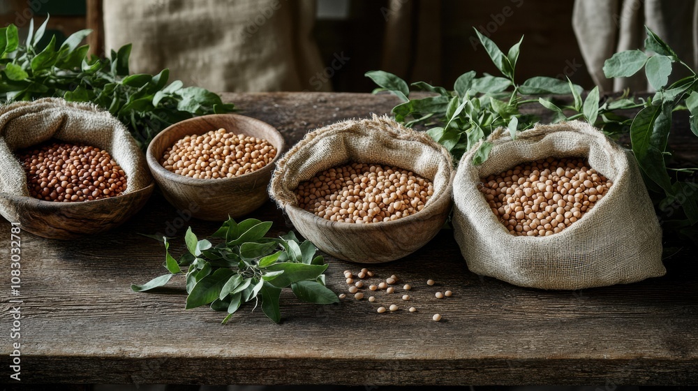 Poster bowls and sacks filled with various legumes create a rustic display on a wooden table, complemented 