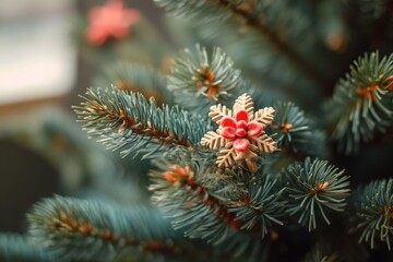 A close-up shot of a Christmas tree decorated with red berries