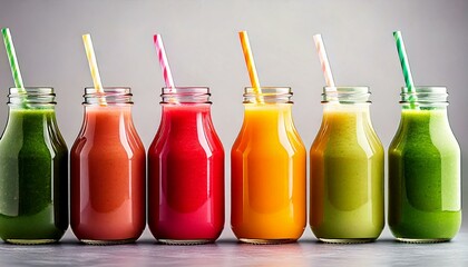 assorted flavours of smoothies in glass bottles with straw, banner with copy space 
