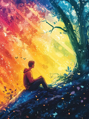 Obraz premium young man under a tree as the light falls through the canopy - illustration - generative ai