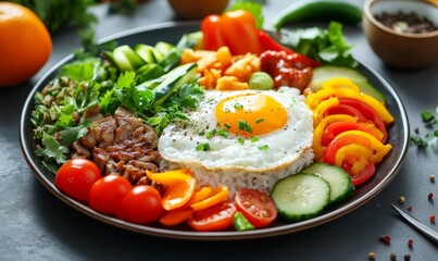 A plate filled with a variety of dishes including rice with vegetables, fried eggs with vegetables, and rice with vegetables and meat