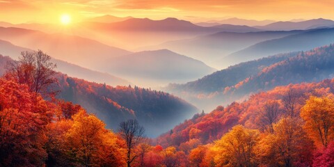 Fototapeta premium A scenic landscape of mountains at sunset during the fall season