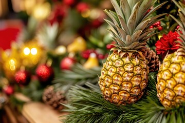 Two pineapples sit atop a table, ideal for still life photography or as a prop in various settings