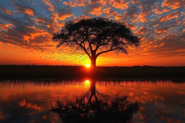 Naklejka premium Golden hour light on a serene tree by a river, vibrant butterflies fluttering
