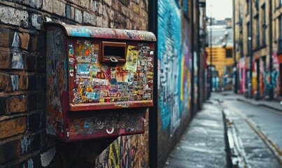 Fototapeta premium A street scene showcasing a mailbox covered with vibrant graffiti and stickers, set against a backdrop of graffiti-covered brick buildings in an urban alley