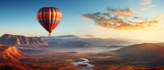 Fototapeta premium Hot air balloon in the blue sky over the mountains.