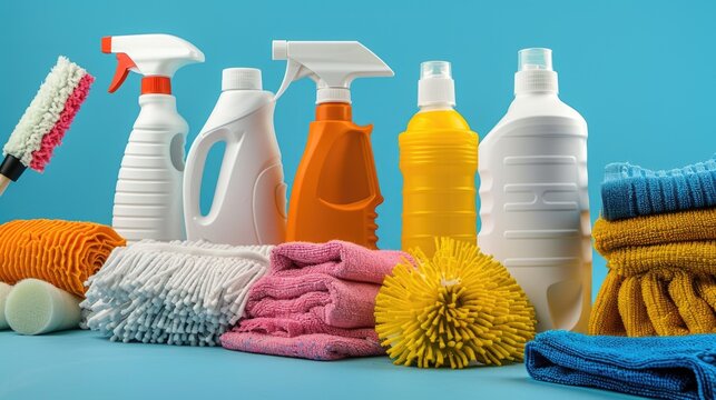 Various cleaning products and tools on a table, perfect for a home office or workshop