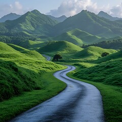 Fototapeta premium Winding road through lush green hills.